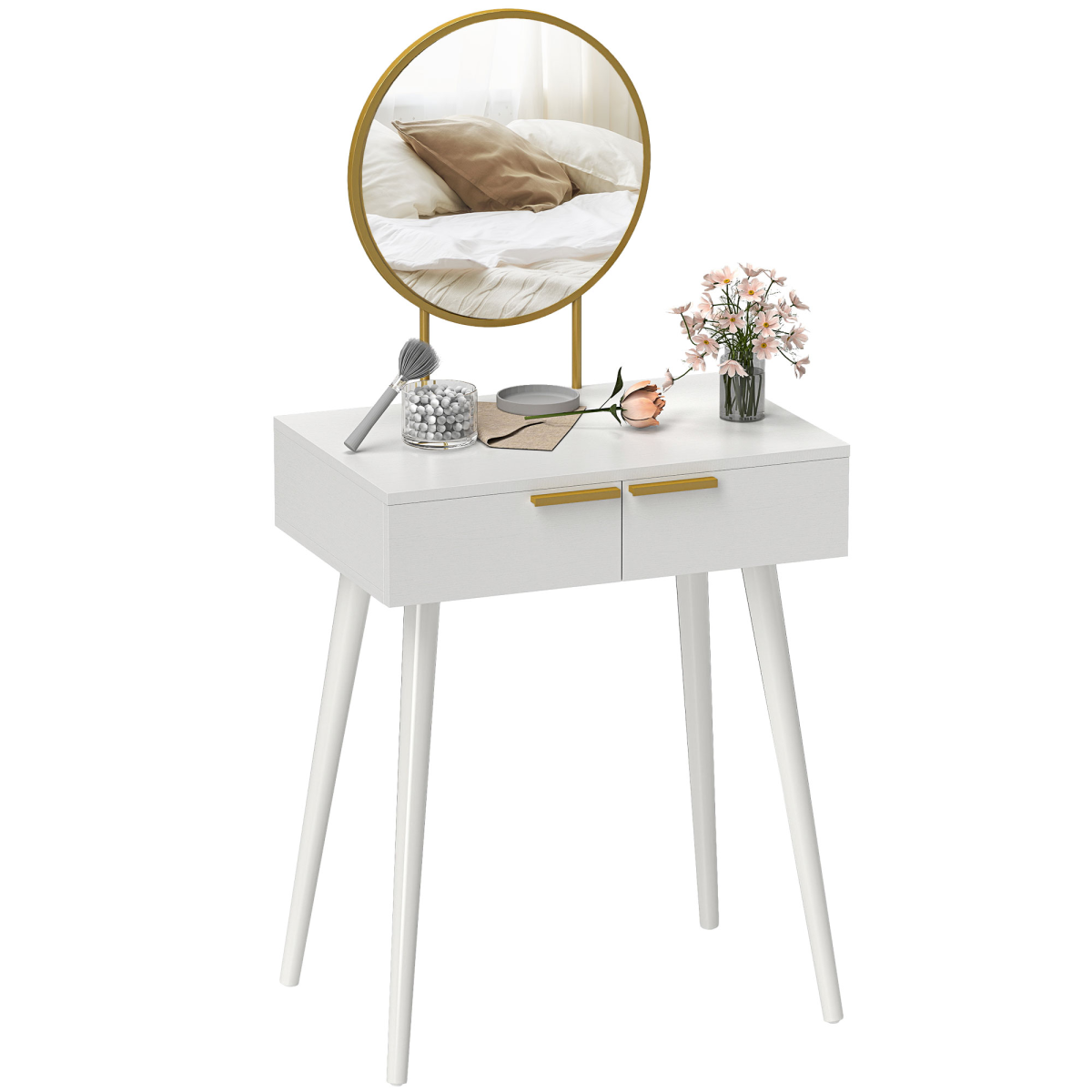 HOMCOM Modern Dressing Table with 2 Drawers & Round Mirror, White