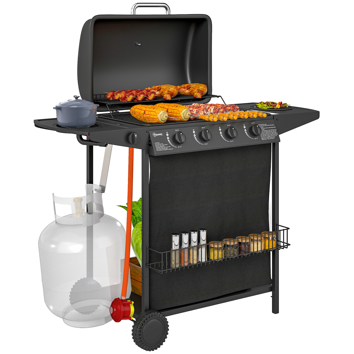 Outsunny 5-Burner Gas BBQ Grill with Side Burner, Lid, Black