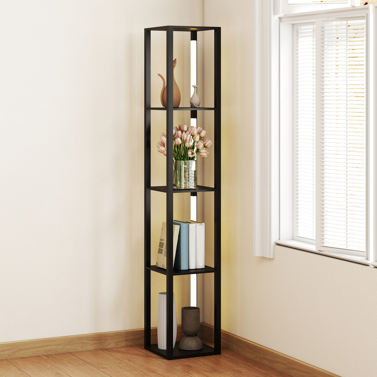 HOMCOM Black Floor Lamp with 4-Tier Shelf, Foot Switch, 3 Brightness Levels