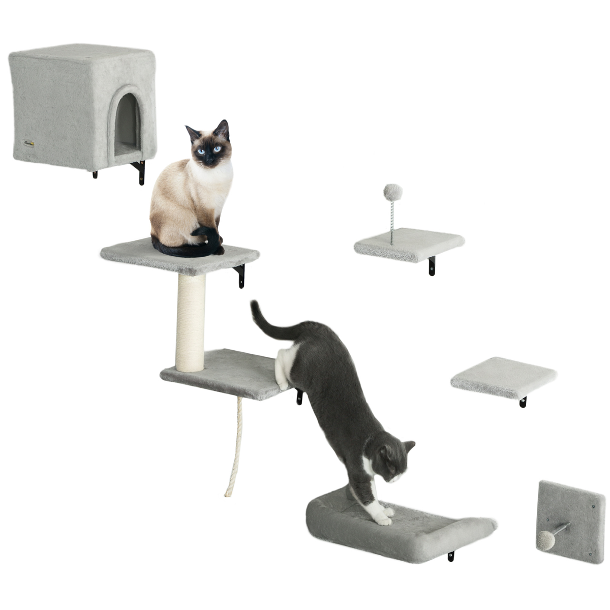 PawHut 6-Piece Wall-Mounted Cat Shelves Set with Condo, Grey