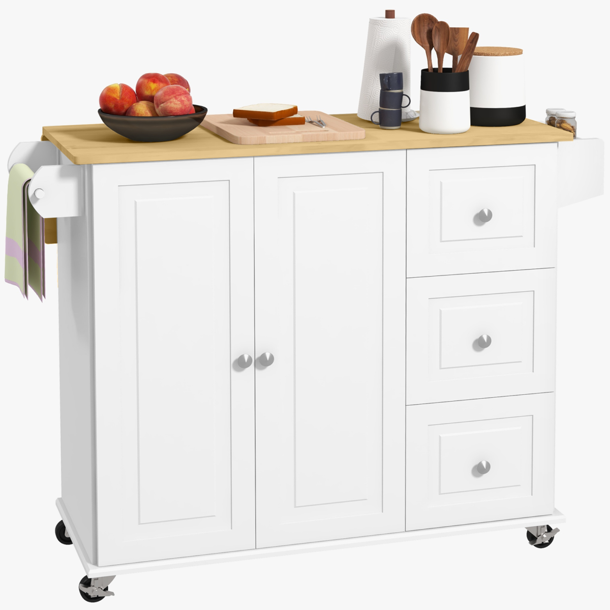 HOMCOM White Kitchen Island Cart with Drop Leaf, Wheels & Storage