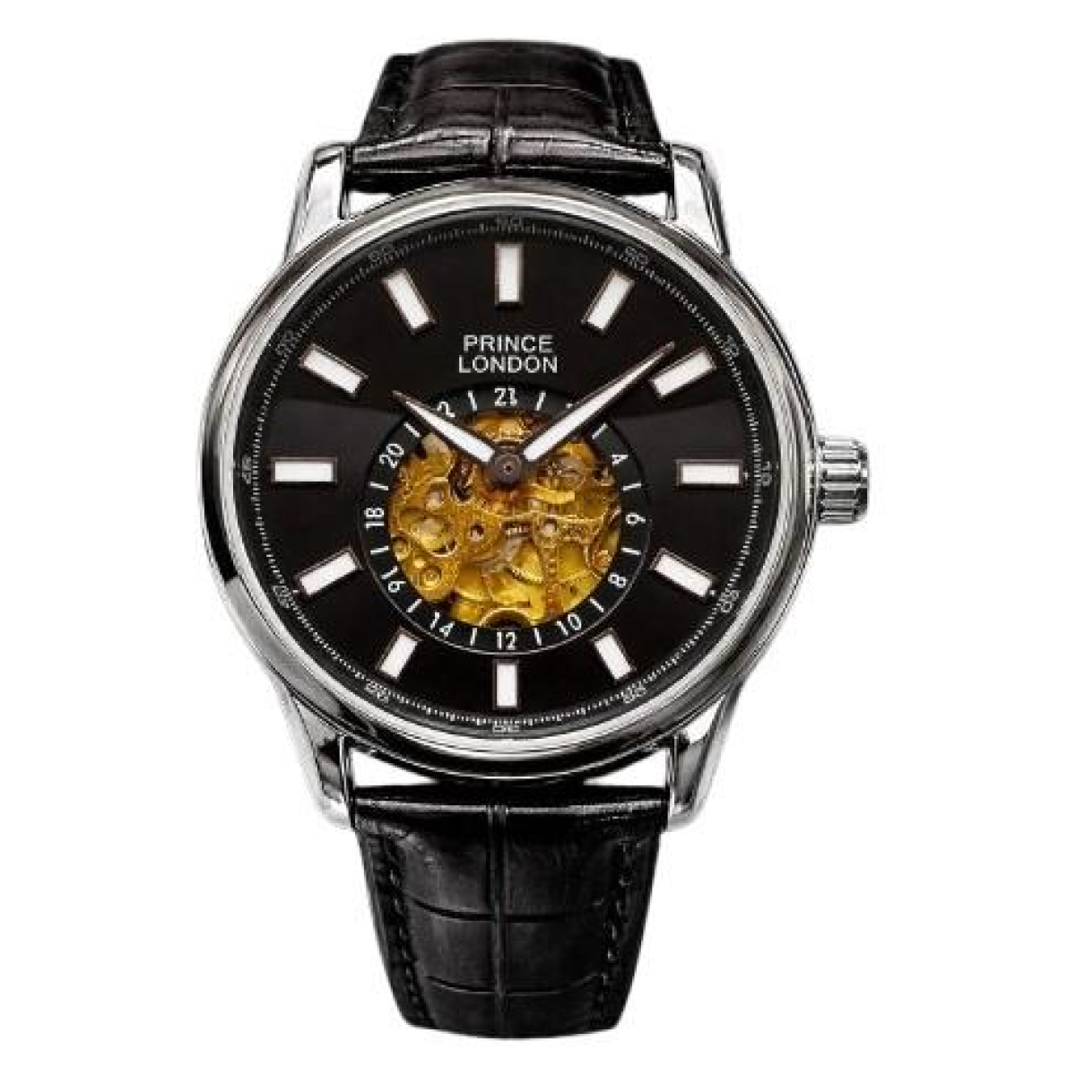 NY London Men's Automatic Analogue Watch with Silver/Black Leather Strap