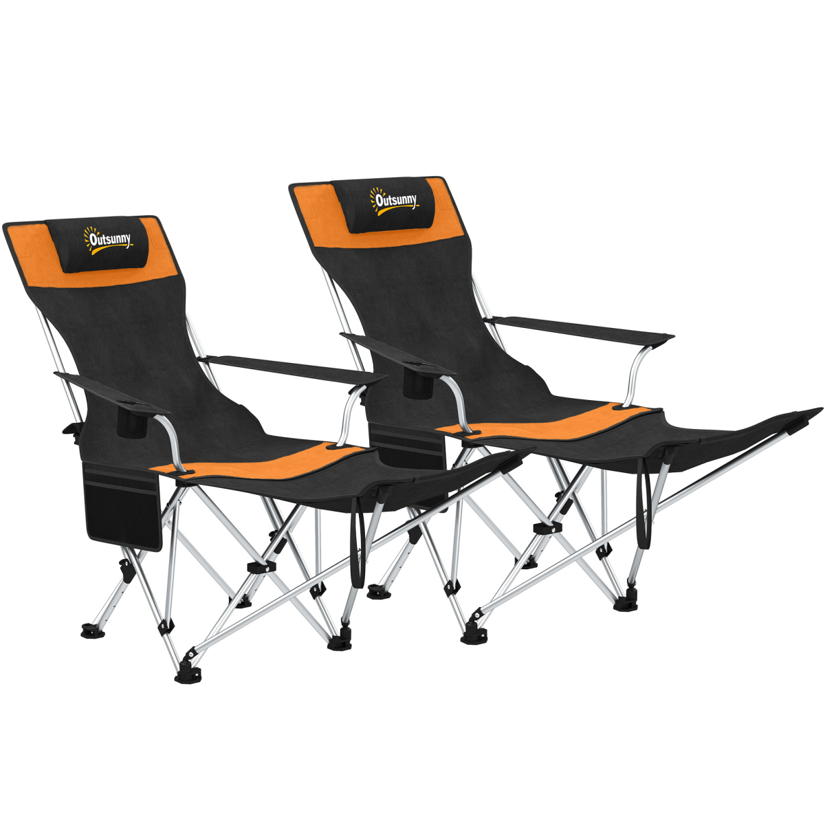 Outsunny Set of 2 Reclining Camping Chairs with Footrest, Orange/Black