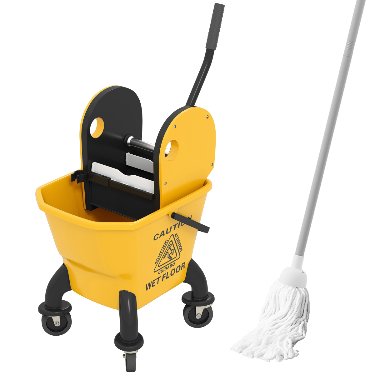 HOMCOM 26L Mop Bucket with Wringer, Wheels, Mop Included, Yellow