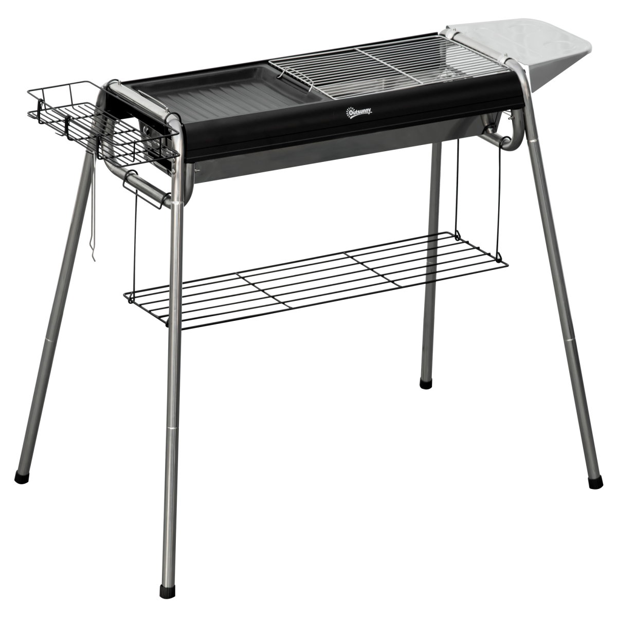 Outsunny Charcoal BBQ Grill with Griddle Plate, Shelves, Black