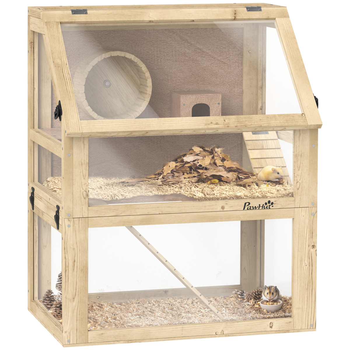 PawHut Wooden Hamster Cage with Detachable Bottom, Three-Layer Design, Hut and Seesaw, 60 x 40 x 75cm