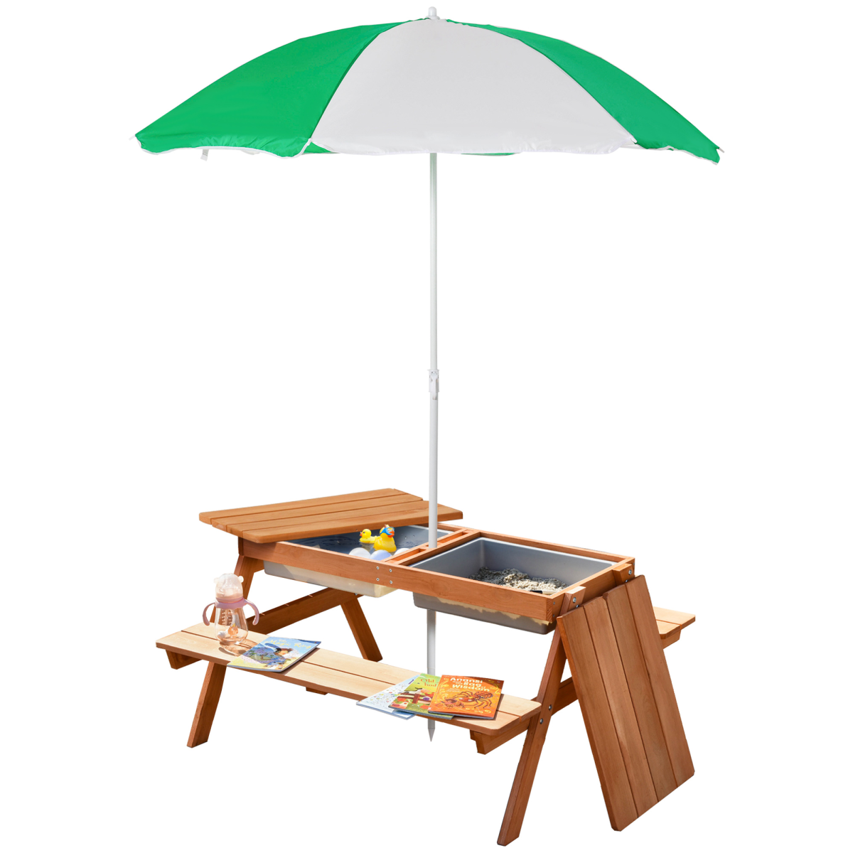 Outsunny Wooden Kids Picnic Table with Benches, Sand and Water Table, Brown