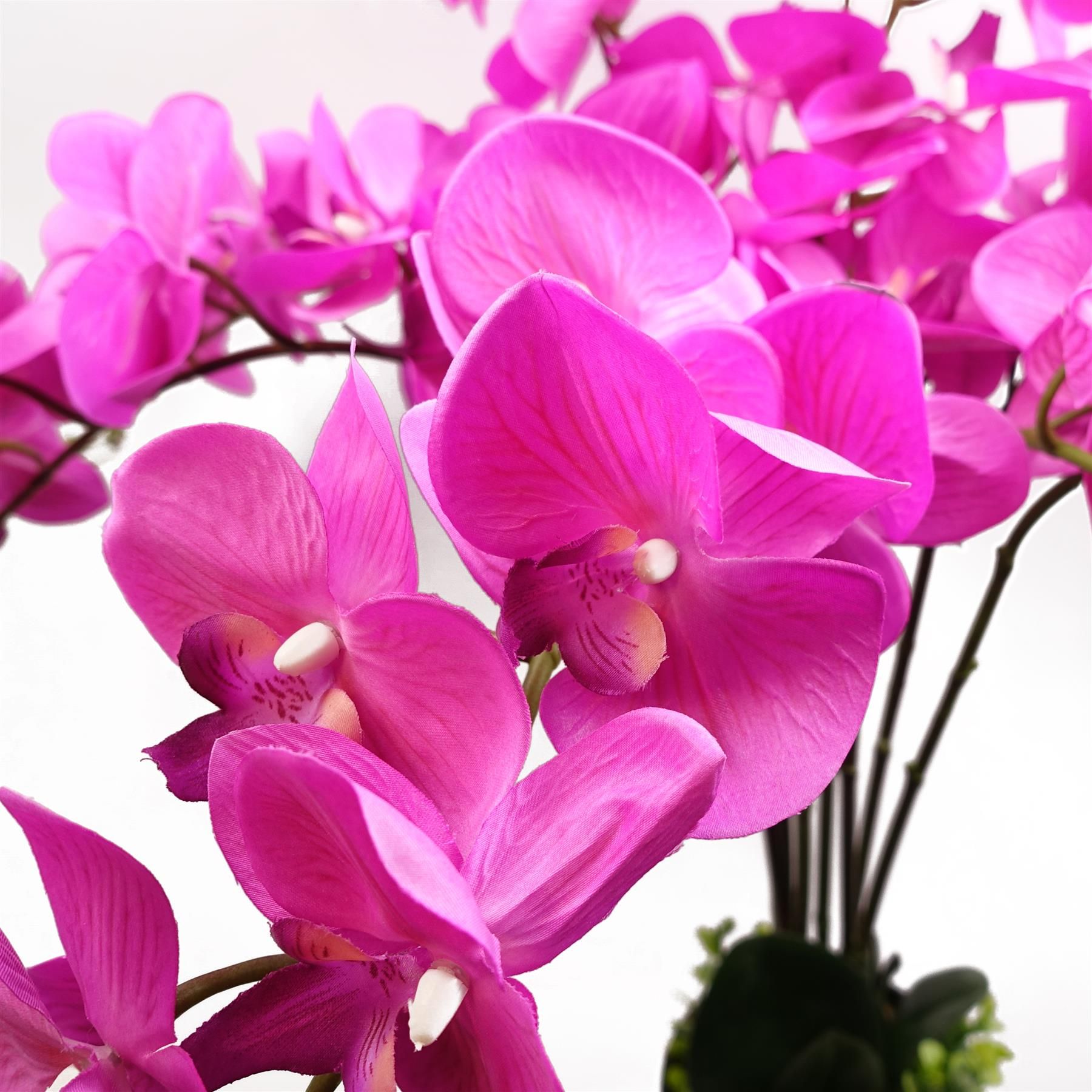 85cm Artificial Deluxe Bush Orchid, Dark Pink, 56 Flowers, 9 Leaves, Black Pot