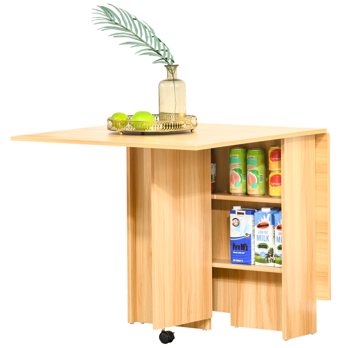 HOMCOM Foldable Dining Table with Storage Shelves, Teak