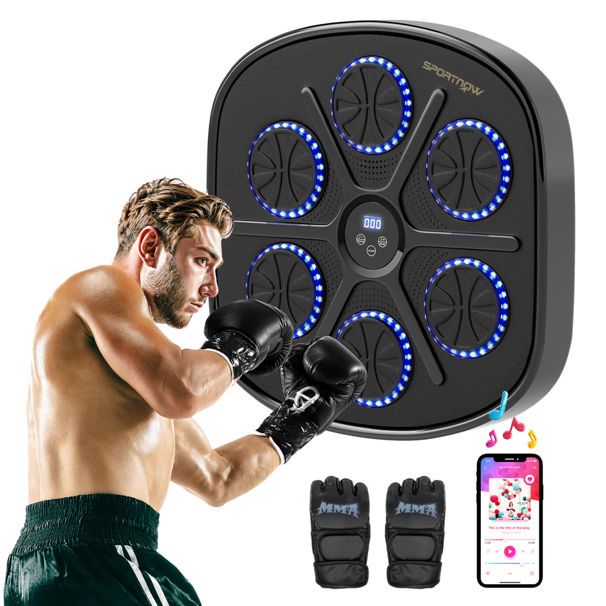 SPORTNOW Smart Bluetooth Wall-Mounted Boxing Machine with Gloves, 9 Speeds & Modes