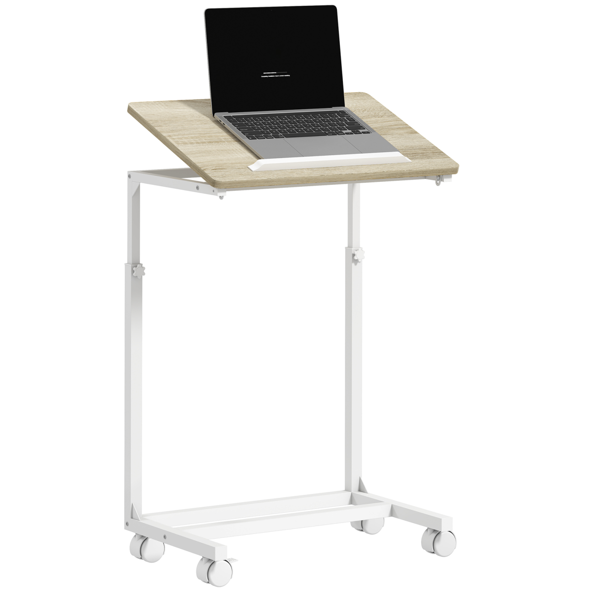HOMCOM Height Adjustable C-Shaped Side Table with Casters, Oak