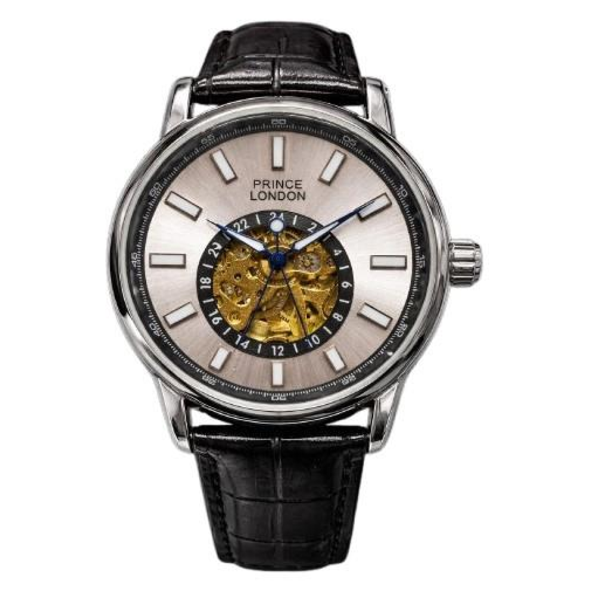 NY London Men's Automatic Analogue Round Face Watch, Silver/White Leather Strap