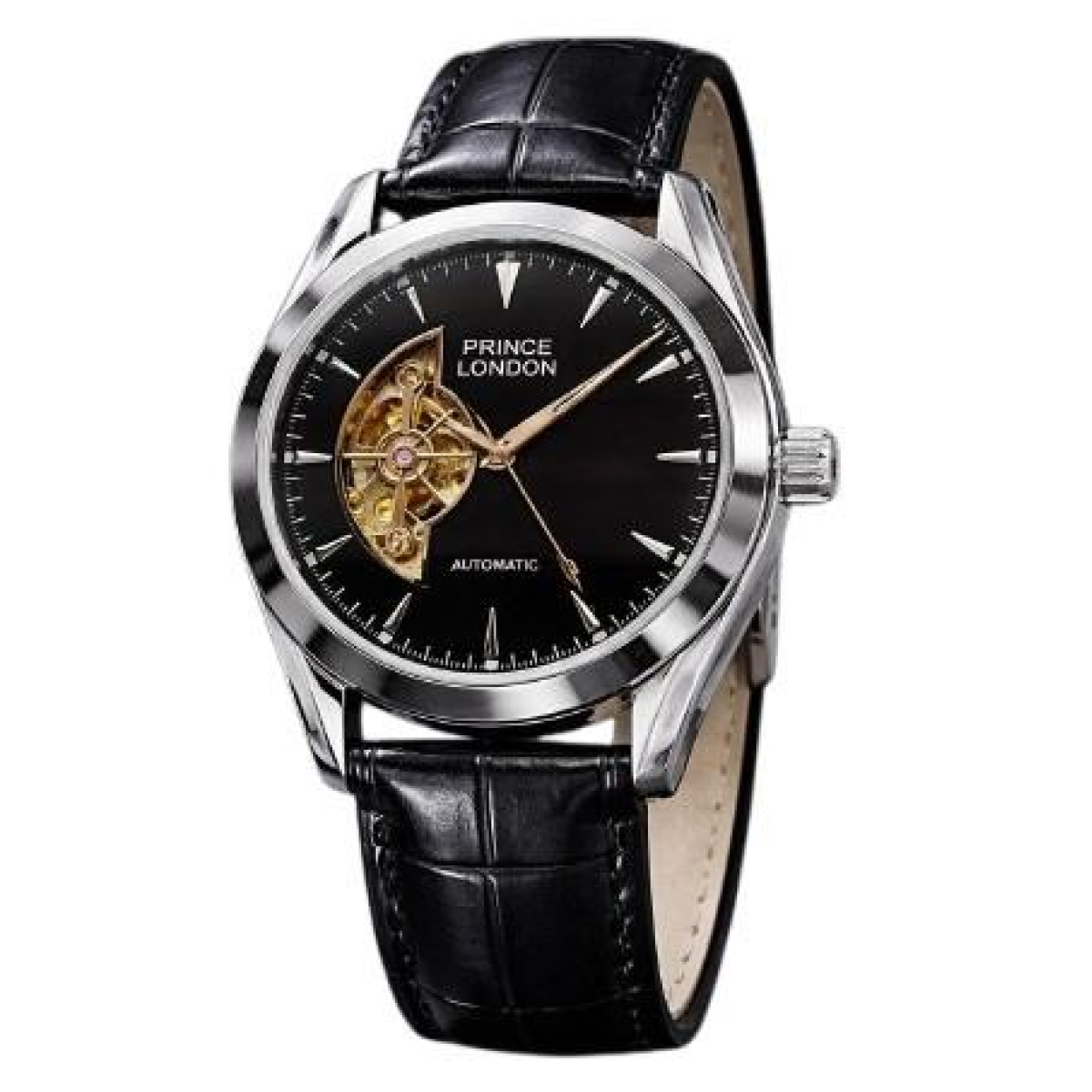 NY London Men's Automatic Analogue Watch, Silver/Black Faux Leather Strap