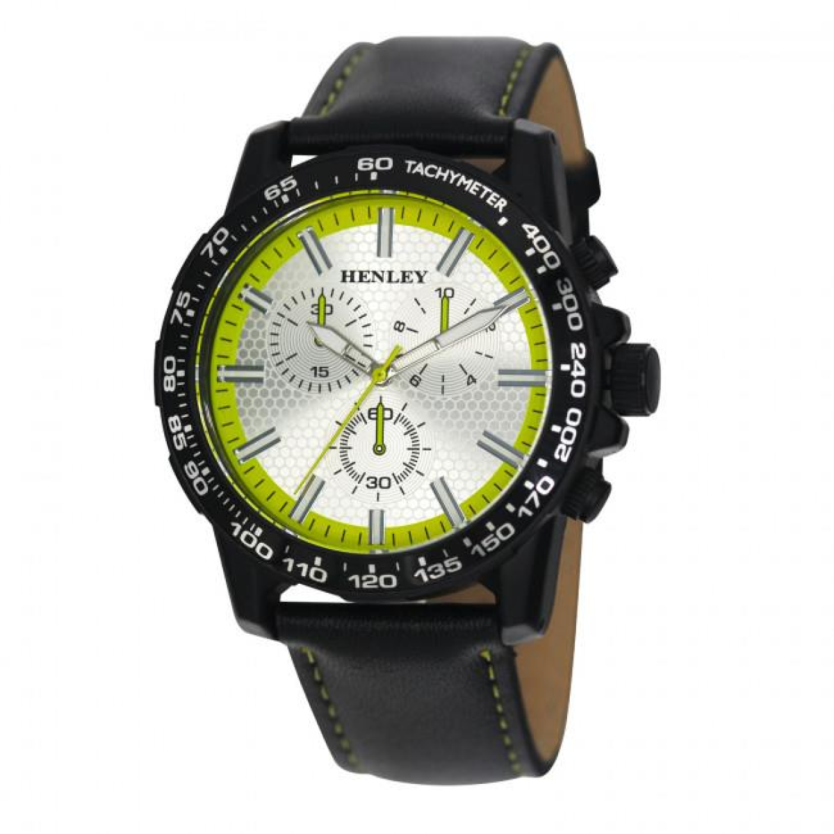 Henley Mens Satin Black Sports Coloured Stitch Multi Eye Watch Lime Green H03015.21
