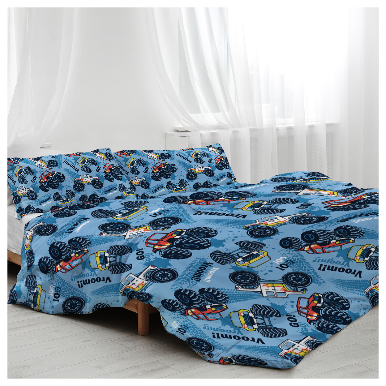 Kids' Duvet Cover Set: Premium Brushed Microfiber Monster Truck Cars Bedding Set - 3-Piece Comfy Cute Vehicles Pattern Double Quilt Cover for Teens Boys Bedroom