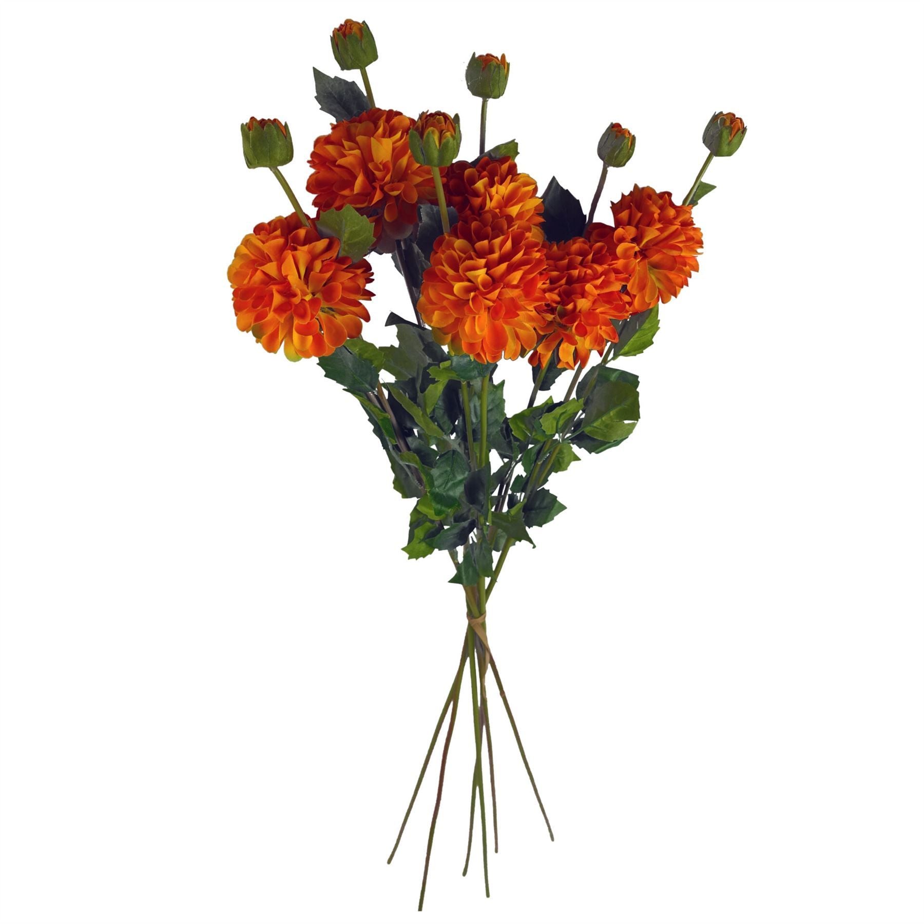 Leaf Pack of 6 x 75cm Artificial Orange Dahlia PomPom Flower Stems