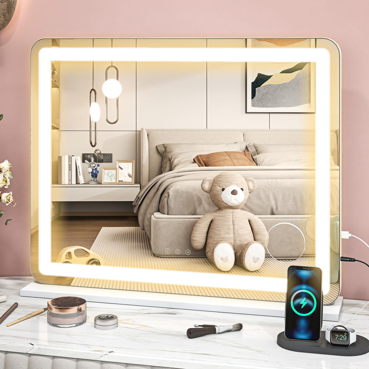 HOMCOM LED Vanity Mirror with 10X Magnifier, USB Port, White