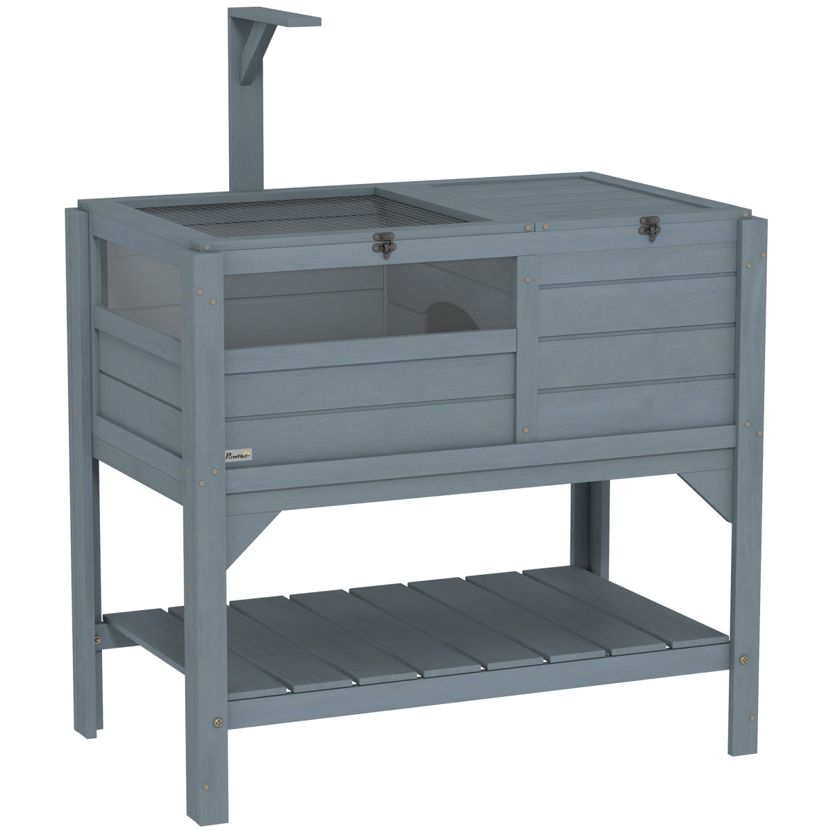 PawHut Wooden Tortoise House with Run, Shelter, Shelf & Lamp Holder, Grey