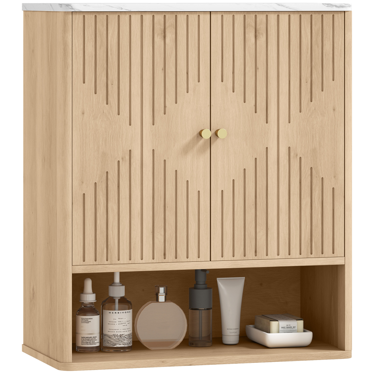 HOMCOM Bathroom Wall Cabinet with Adjustable Shelf, Open Shelf, Oak