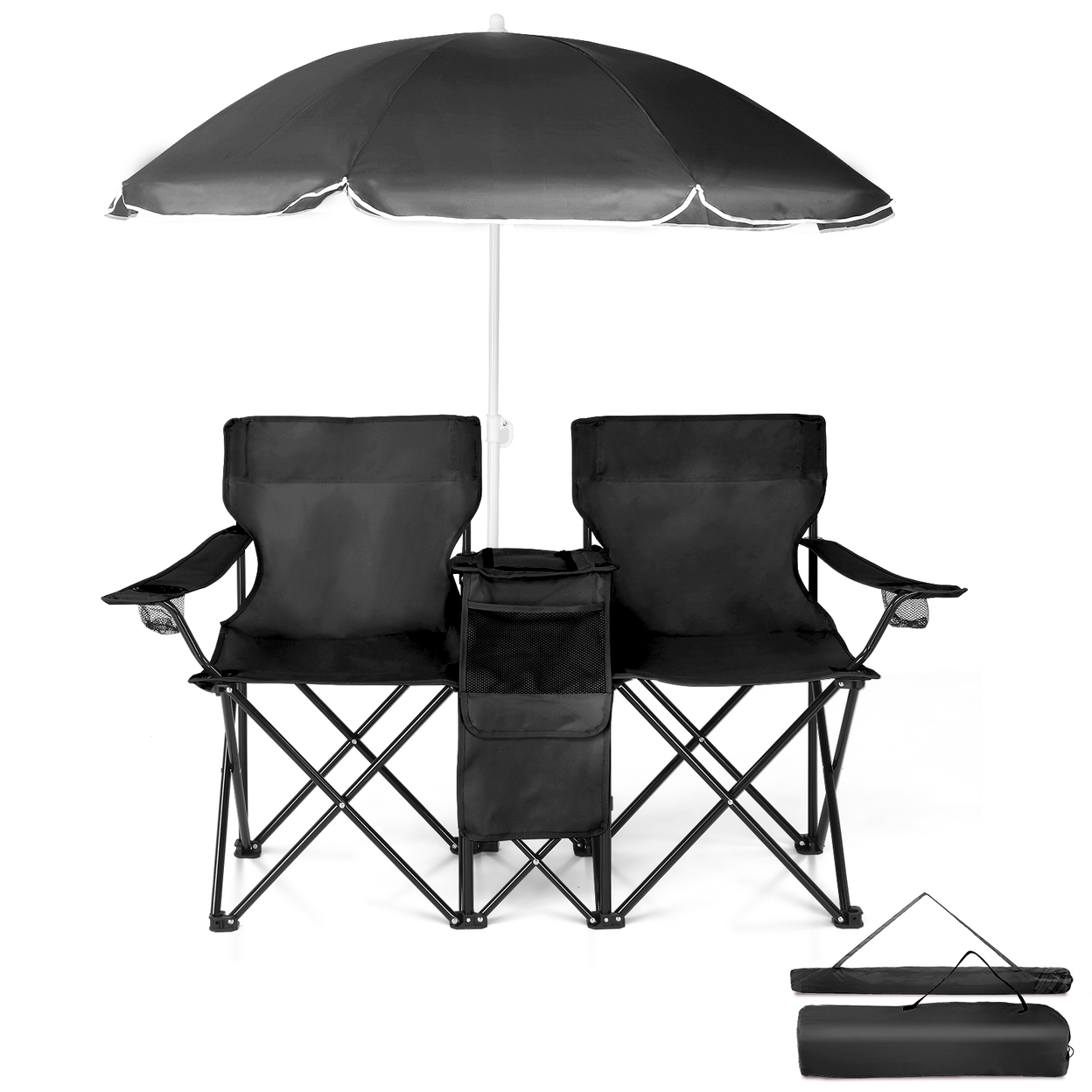 Portable Outdoor 2-Seat Folding Chair with Removable Sun Umbrella, Black