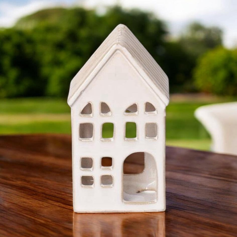 MSL 12cm Cream Ceramic House Tealight Holder, Hand Finished, Indoor or Outdoor Use