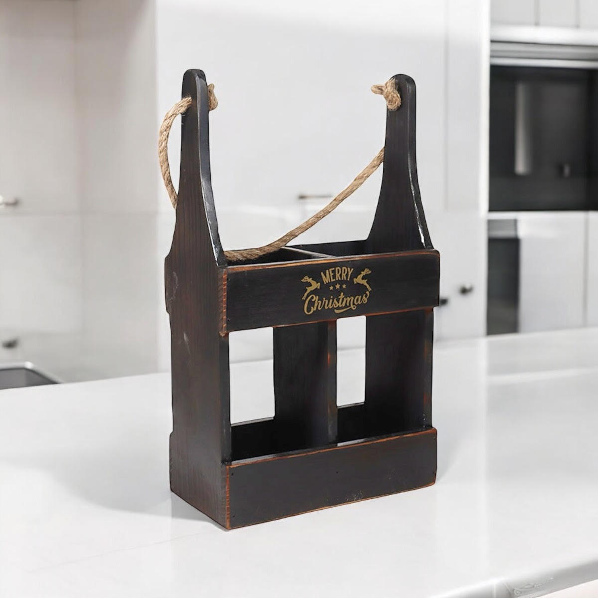 39cm Black Wooden 2 Bottle Hand Finished Wine Caddy
