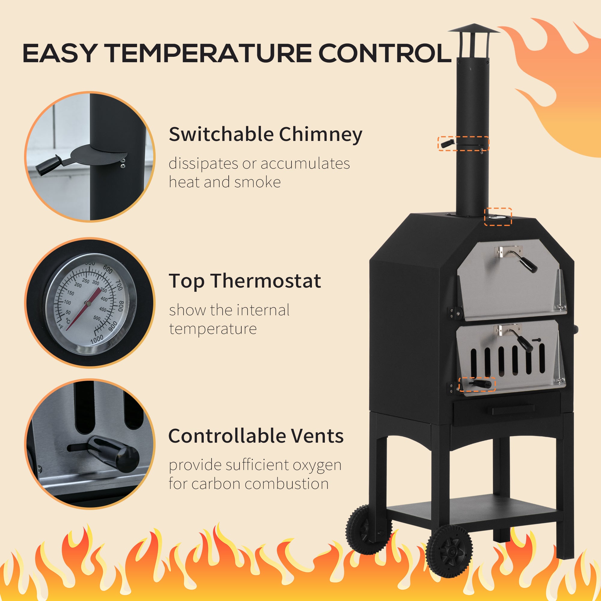 Outsunny Stainless Steel Outdoor Charcoal Pizza Oven with Thermometer and Chimney