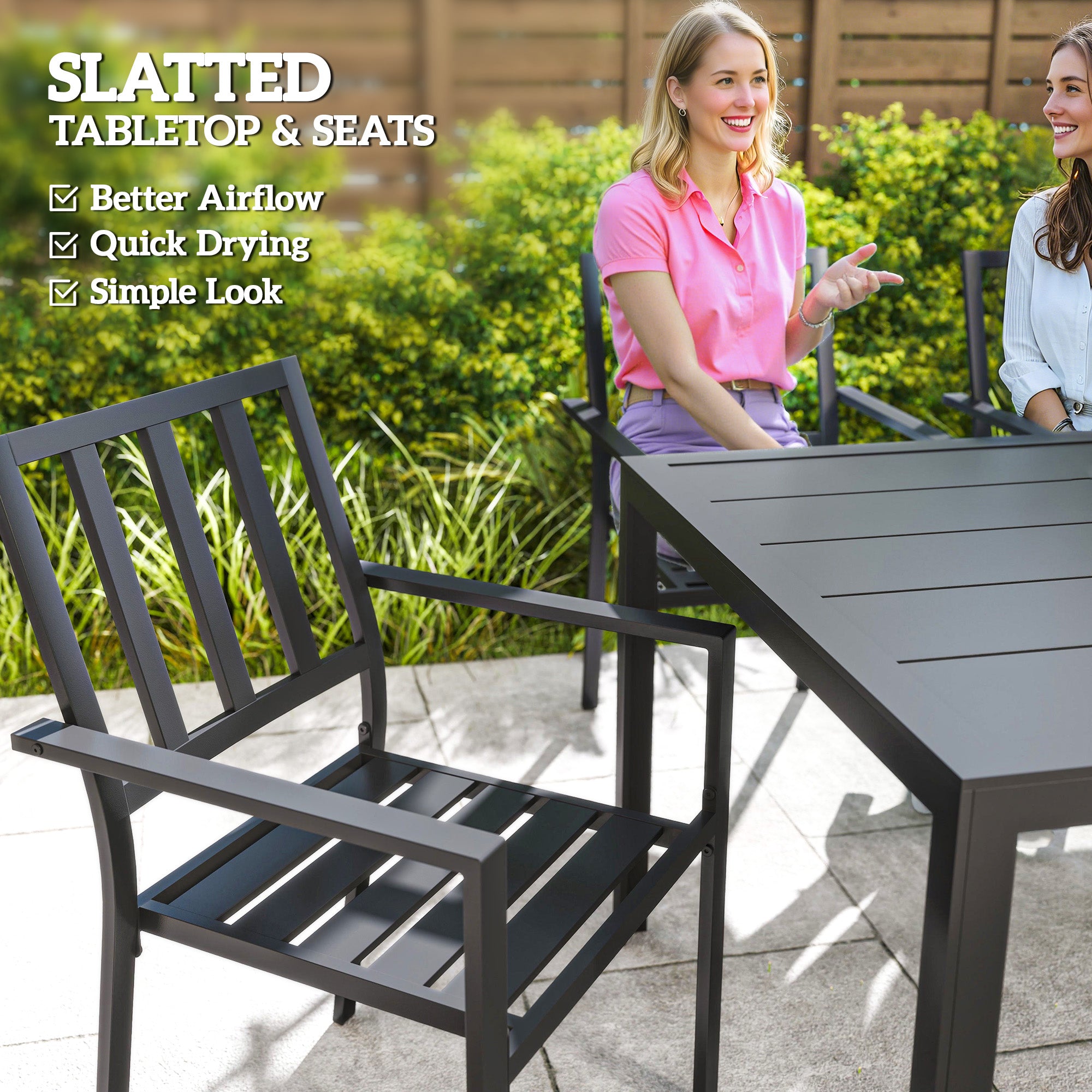 Outsunny 7 Piece Outdoor Garden Dining Set with Metal Table and 6 Stackable Armchairs, Black