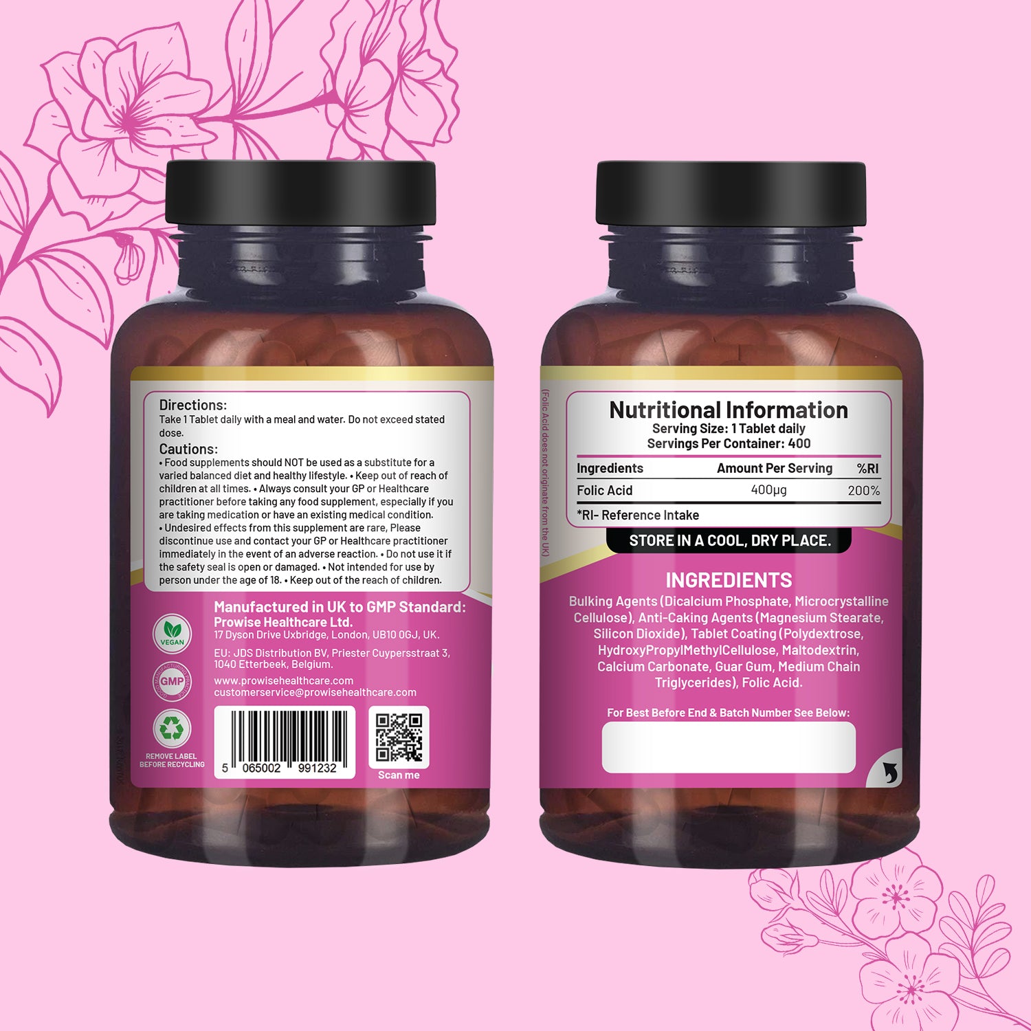 Prowise Folic Acid 400 mcg Tablets, 400 Vegan Vitamin B9 Tablets