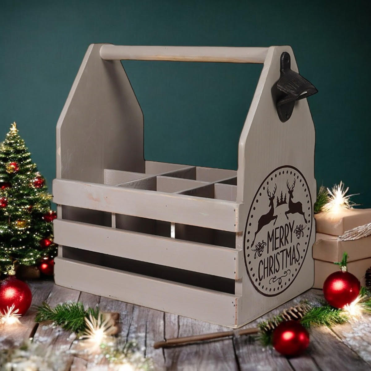 Rustic Grey 6-Bottle Holder with Opener, Hand Finished