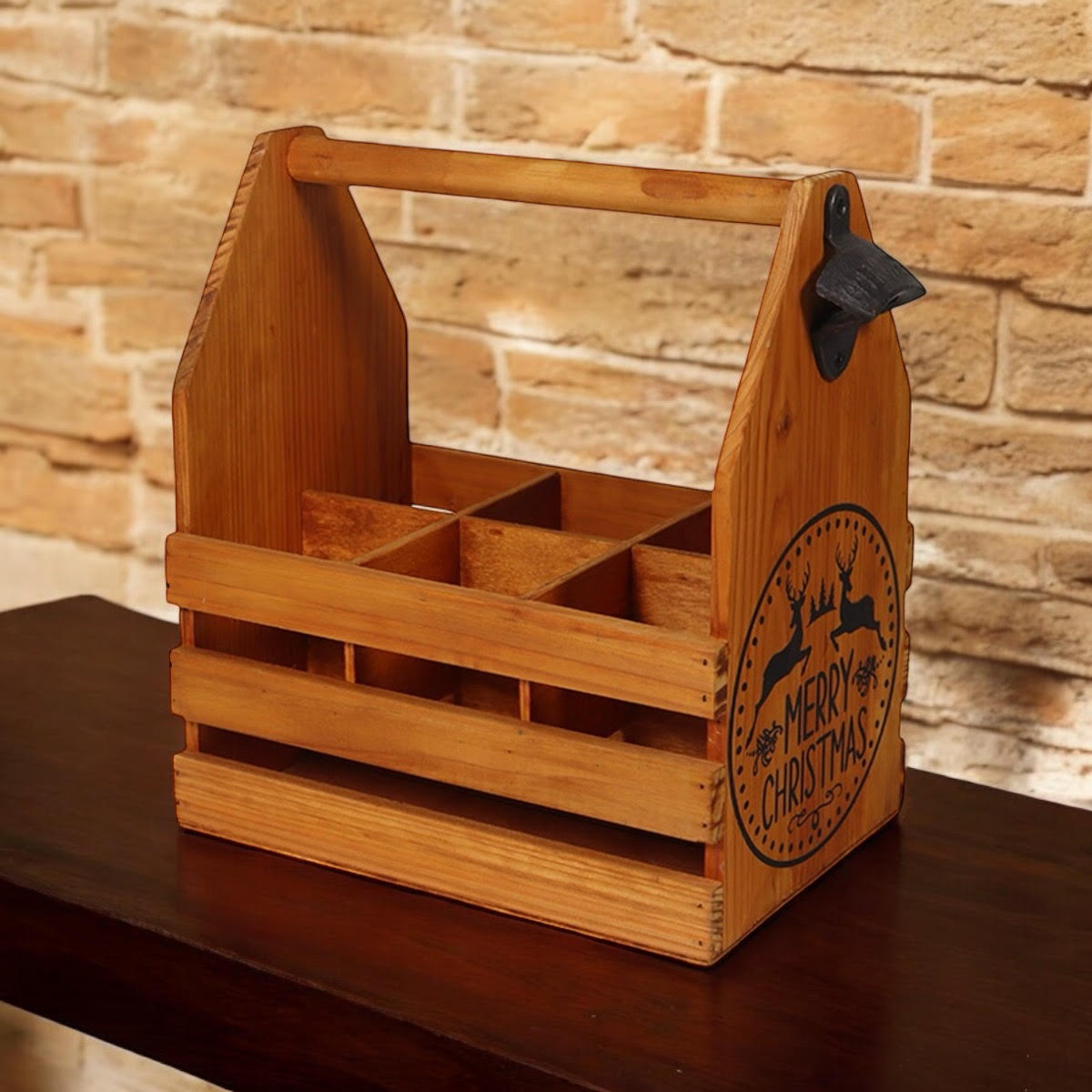 Rustic Hand-Finished Wooden 6 Bottle Holder with Metal Opener