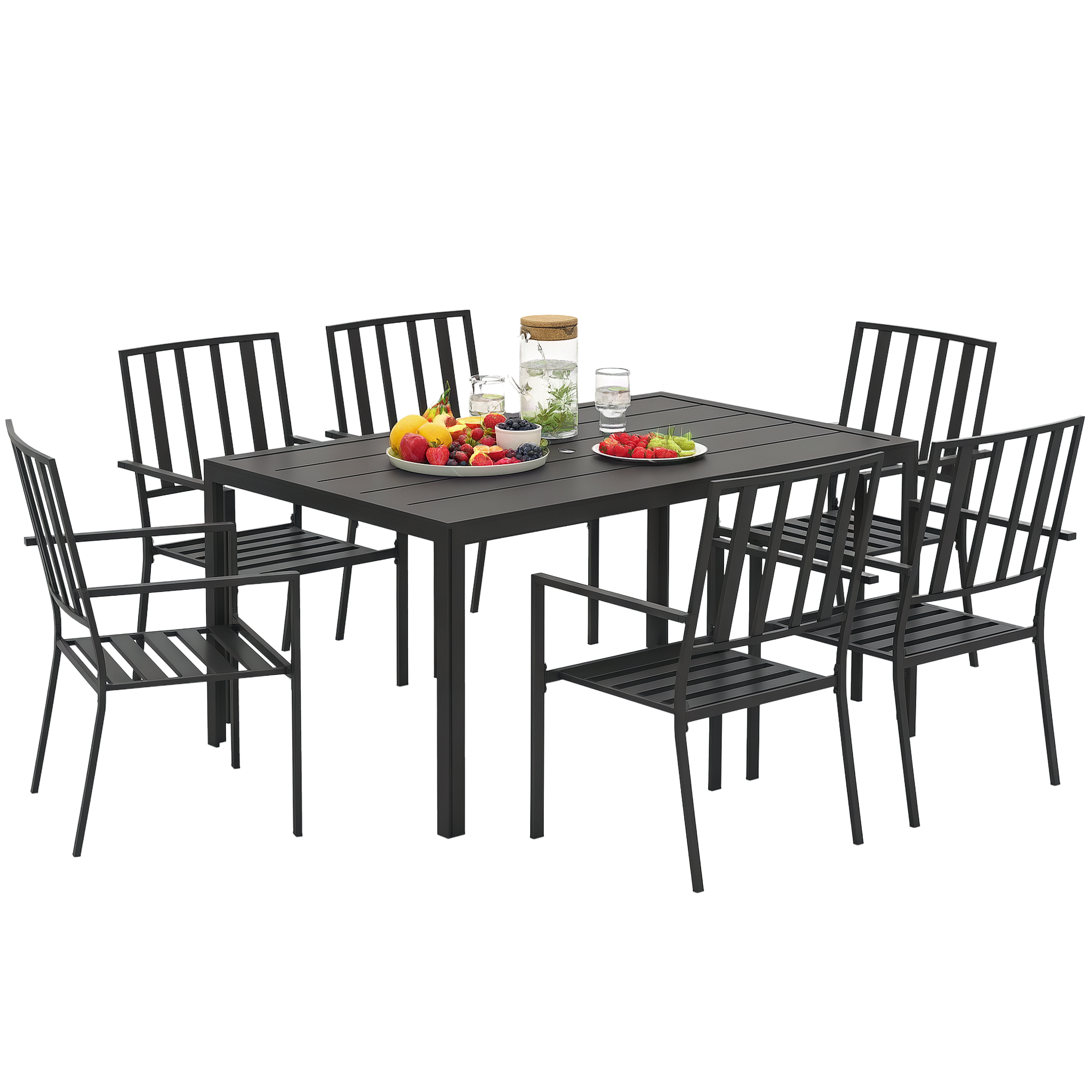 Outsunny 7 Piece Outdoor Garden Dining Set with Metal Table and 6 Stackable Armchairs, Black