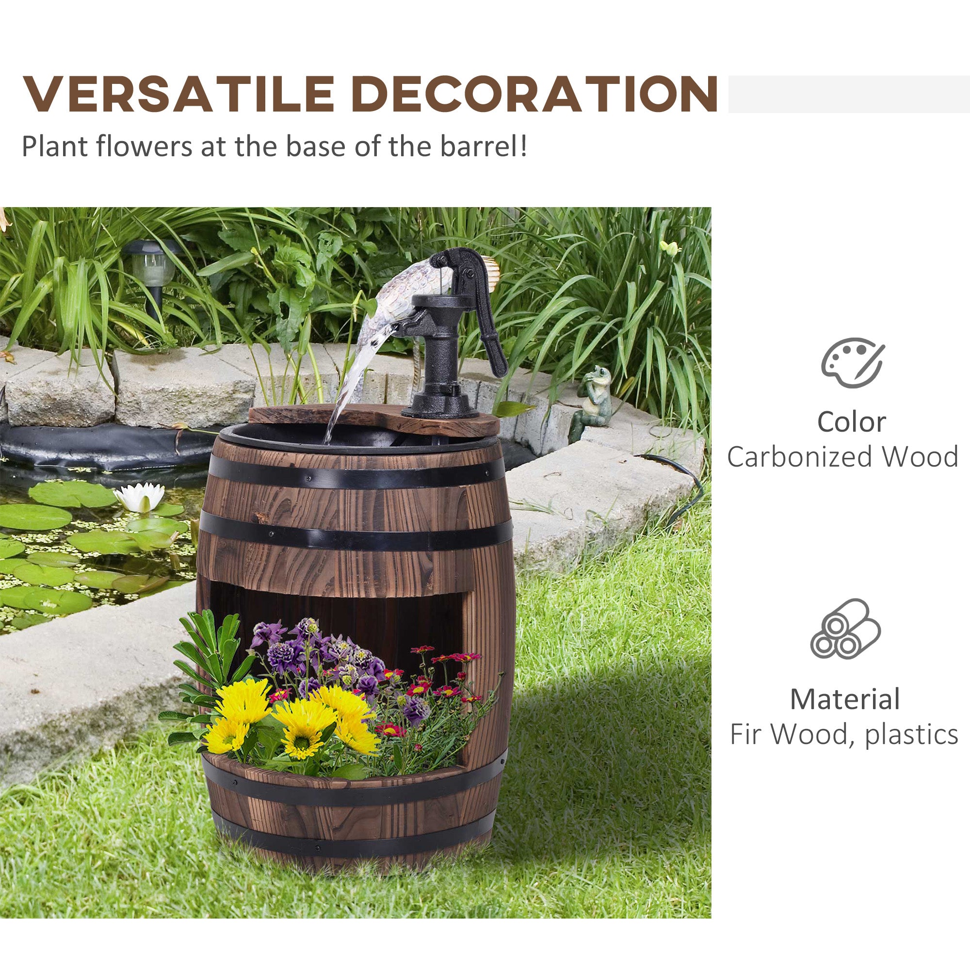 Outsunny Retro Wood Barrel Water Pump Garden Fountain with Adjustable Flow