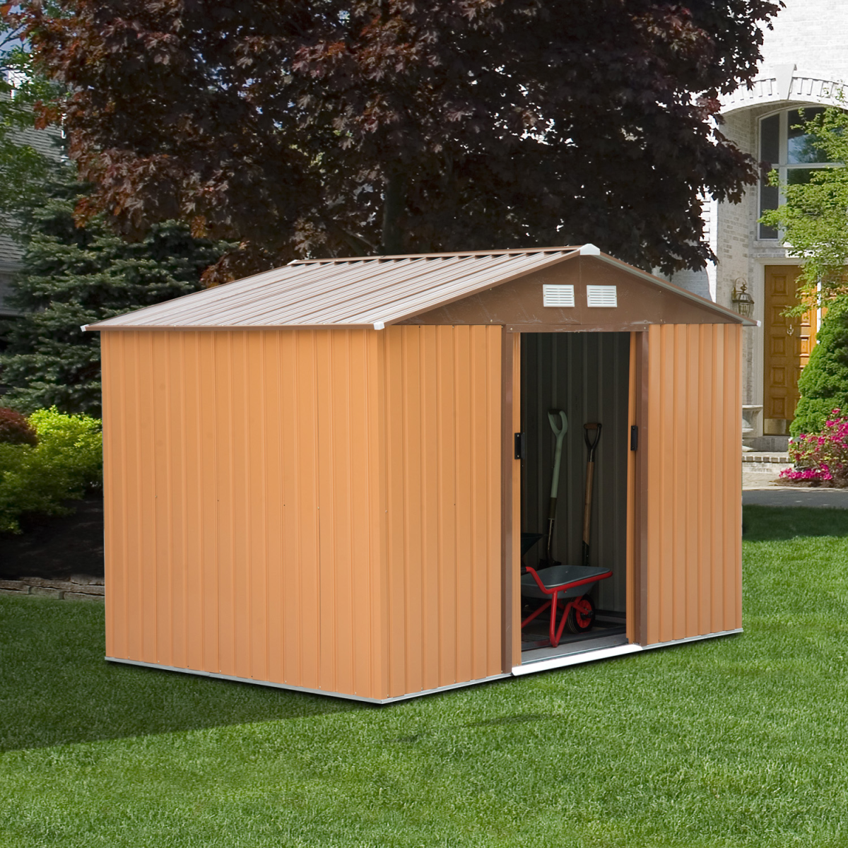 Outsunny 9 x 6 ft Metal Storage Shed, Khaki, with Sliding Double Doors, Ventilation and Floor Foundation
