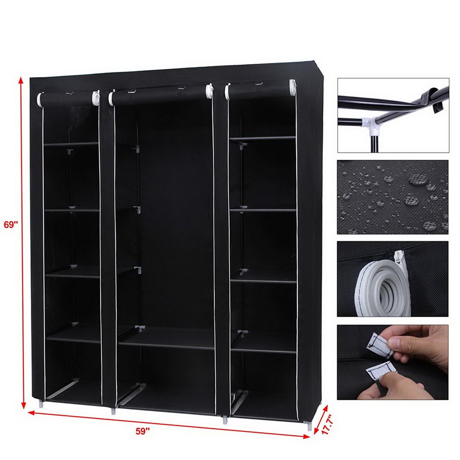 69" Portable Clothes Closet Wardrobe Storage Organizer with 12 Shelves, Hanging Rod and Dustproof Cover, Black