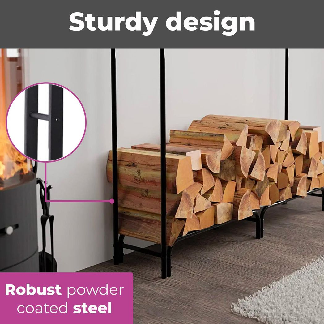 Neo 240cm Outdoor Metal Log Holder Rack with Weather Cover, Black Powder-Coated