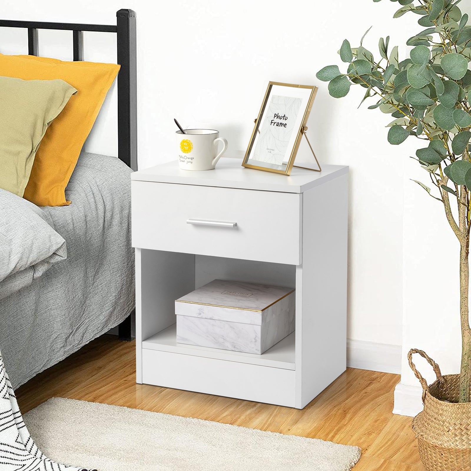2-Tier Nightstand Set of 2 with Drawer and Open Shelf, White Bedside Cabinet End Table