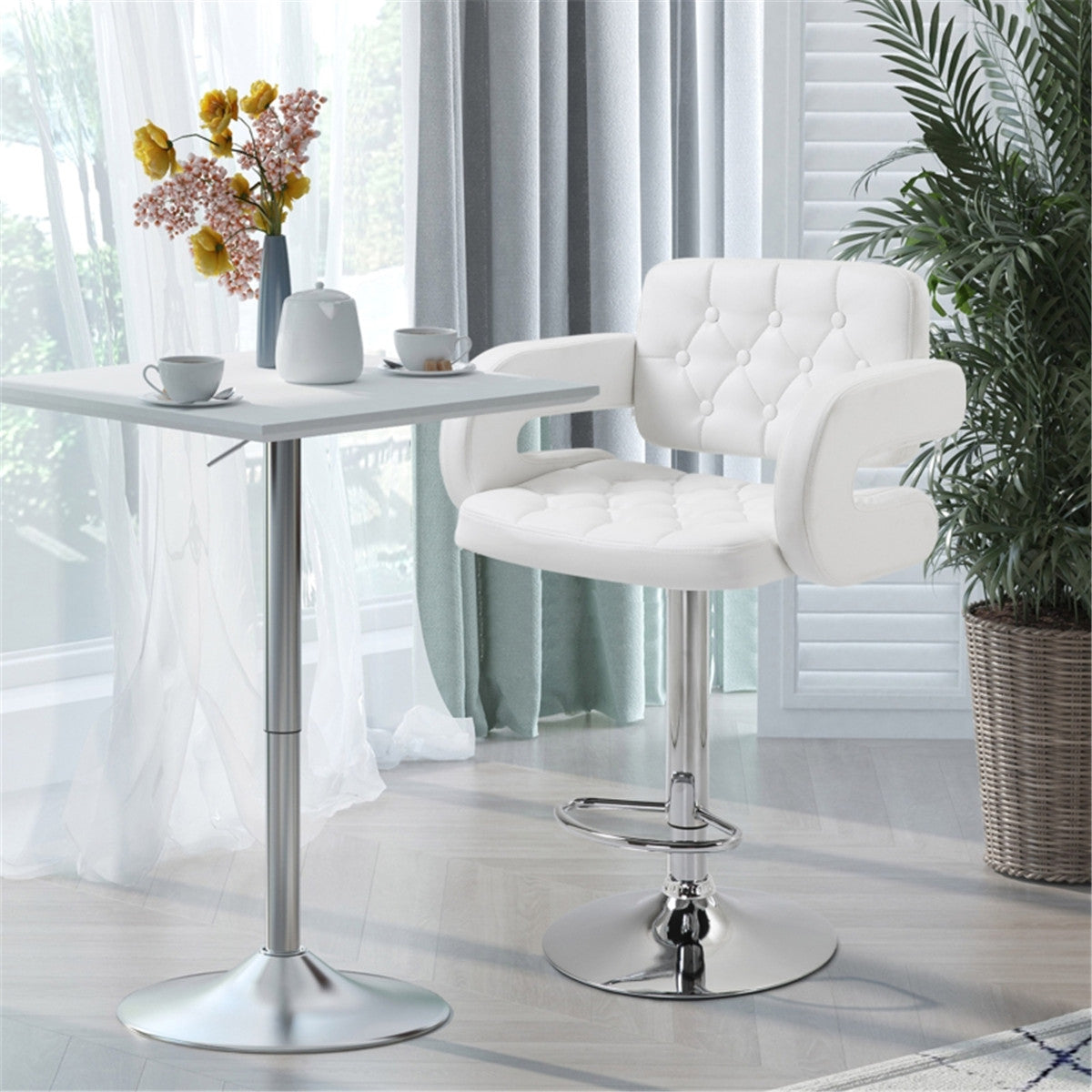 Beige Adjustable Swivel Bar Stool with High Back, Arms and Footrest