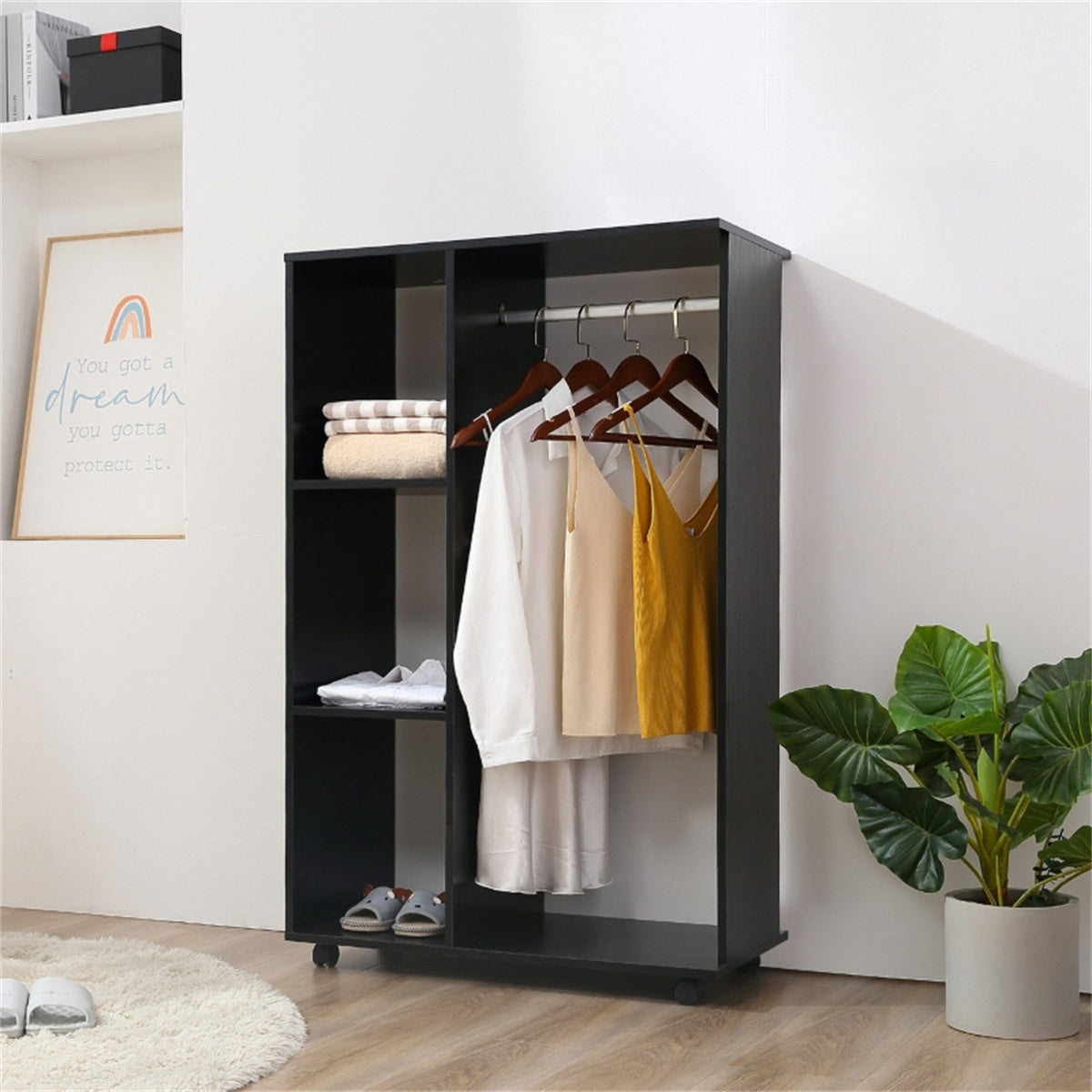 Chester Black Rolling Wardrobe with Hanging Rail and 3 Open Shelves