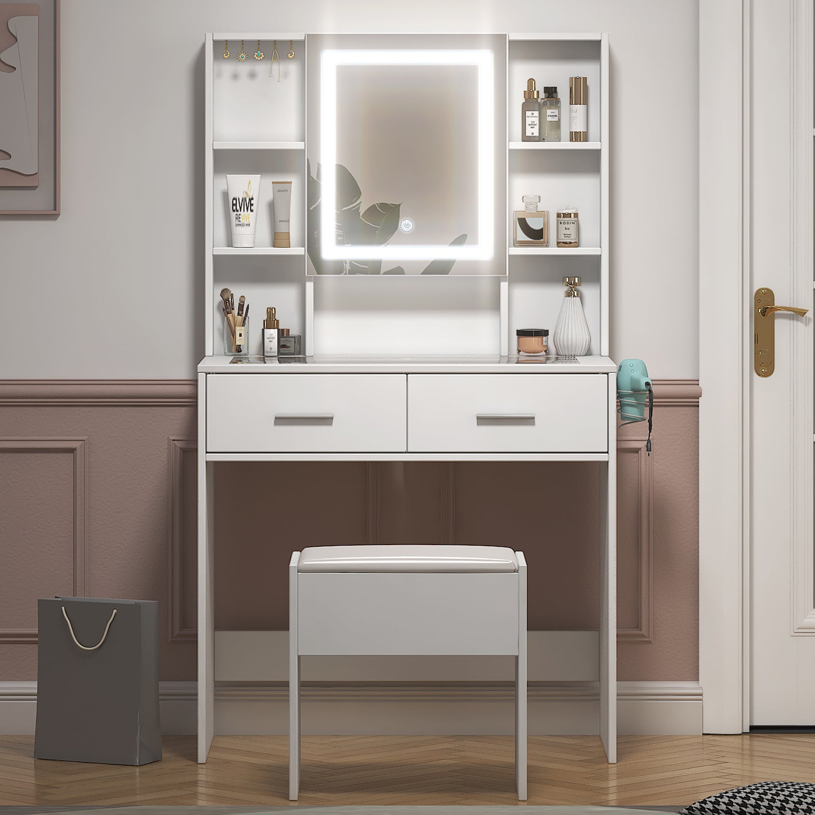 White Dressing Table Set with Stool, 2 Drawers, 6 Shelves, LED 3-Color Touch Mirror, Glass Desktop, Power Strip and Hair Dryer Rack