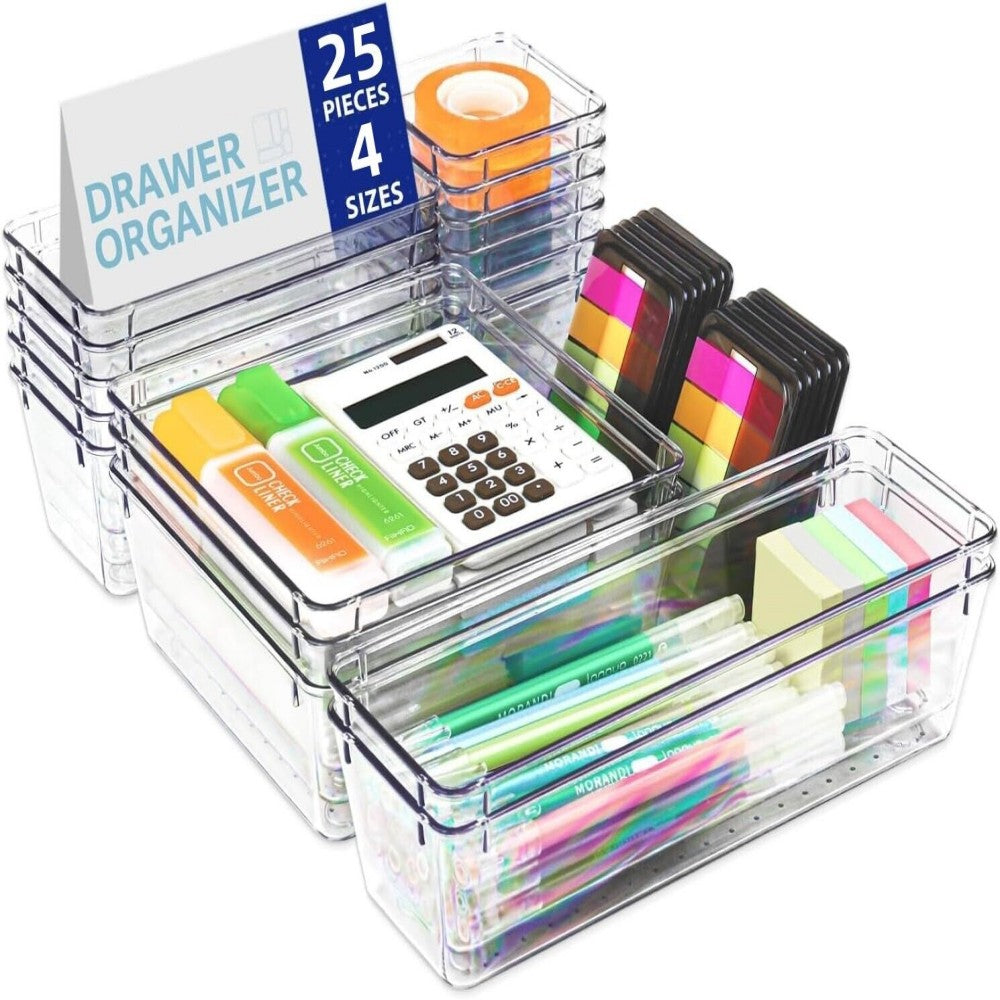 25-Piece Transparent Plastic Drawer Organizers for Desk, Fridge and Makeup Storage