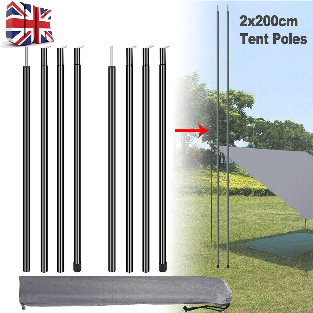 Universal Adjustable Steel Telescopic Tent Pole, 200cm, Black, 2-Piece Set with Storage Bag