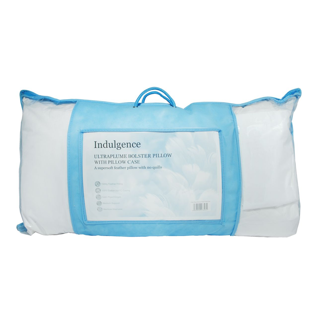 Indulgence Ultraplume 36 Inch Quilless Feather Bolster Pillow, 100% Cotton Case