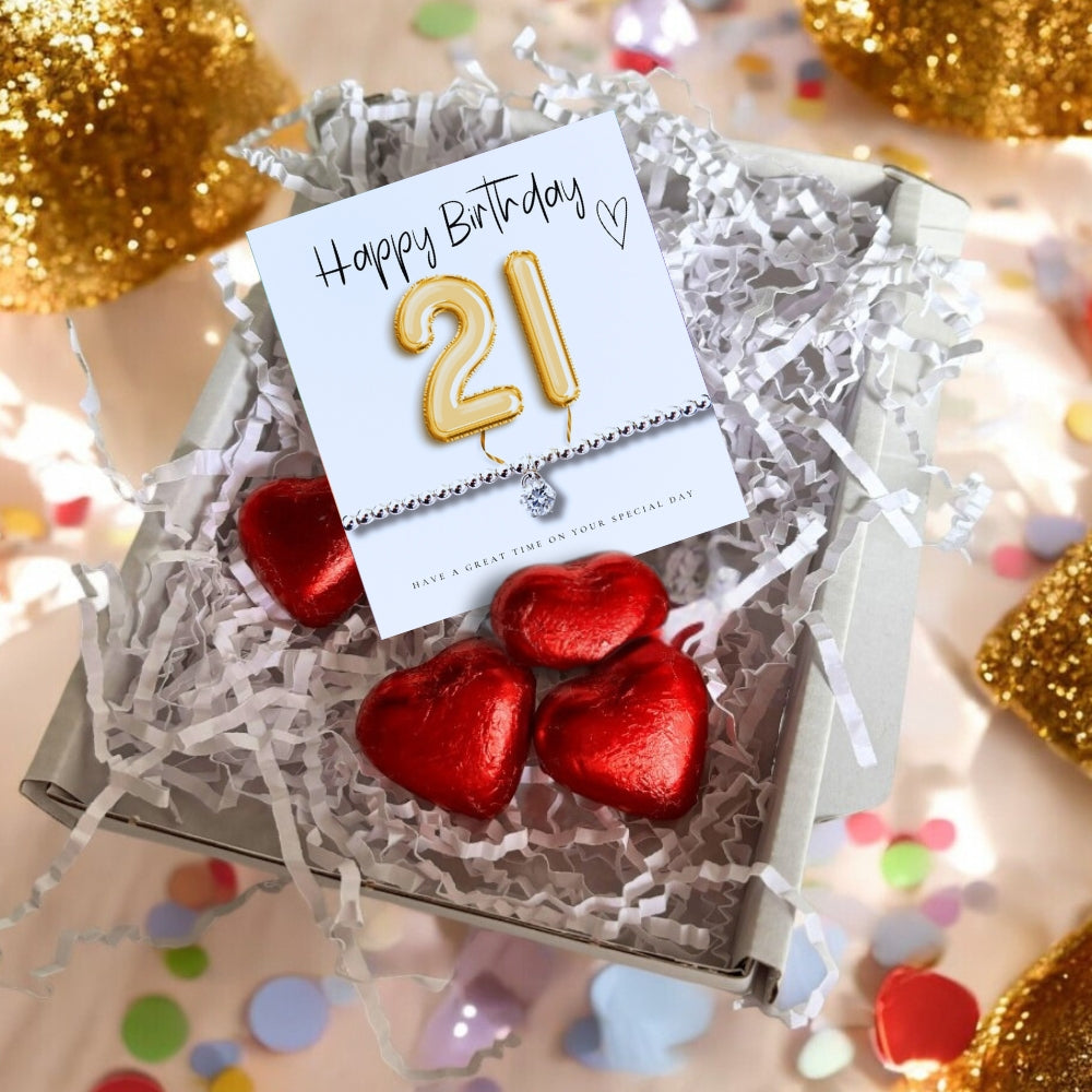 21st Birthday Cubic Zirconia Silver Plated Bracelet Gift Hamper with Chocolate Hearts