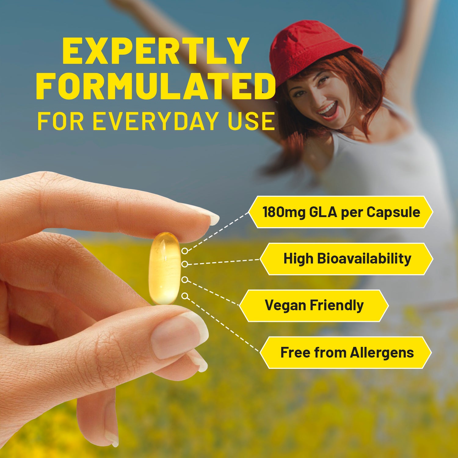 Prowise Healthcare Vegan Evening Primrose Oil 2000mg with Vitamin E & B6, 60 Vegan Softgels, Pure Cold Pressed, 180mg GLA per Capsule, Women's Health