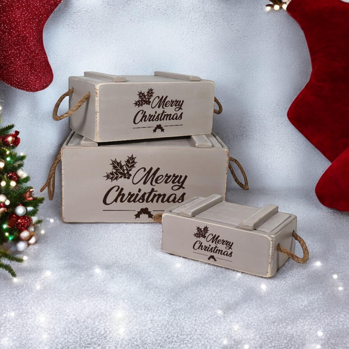 MSL Set of 3 Rustic Grey Wooden Christmas Crates with Lids and Rope Handles, Hand Finished