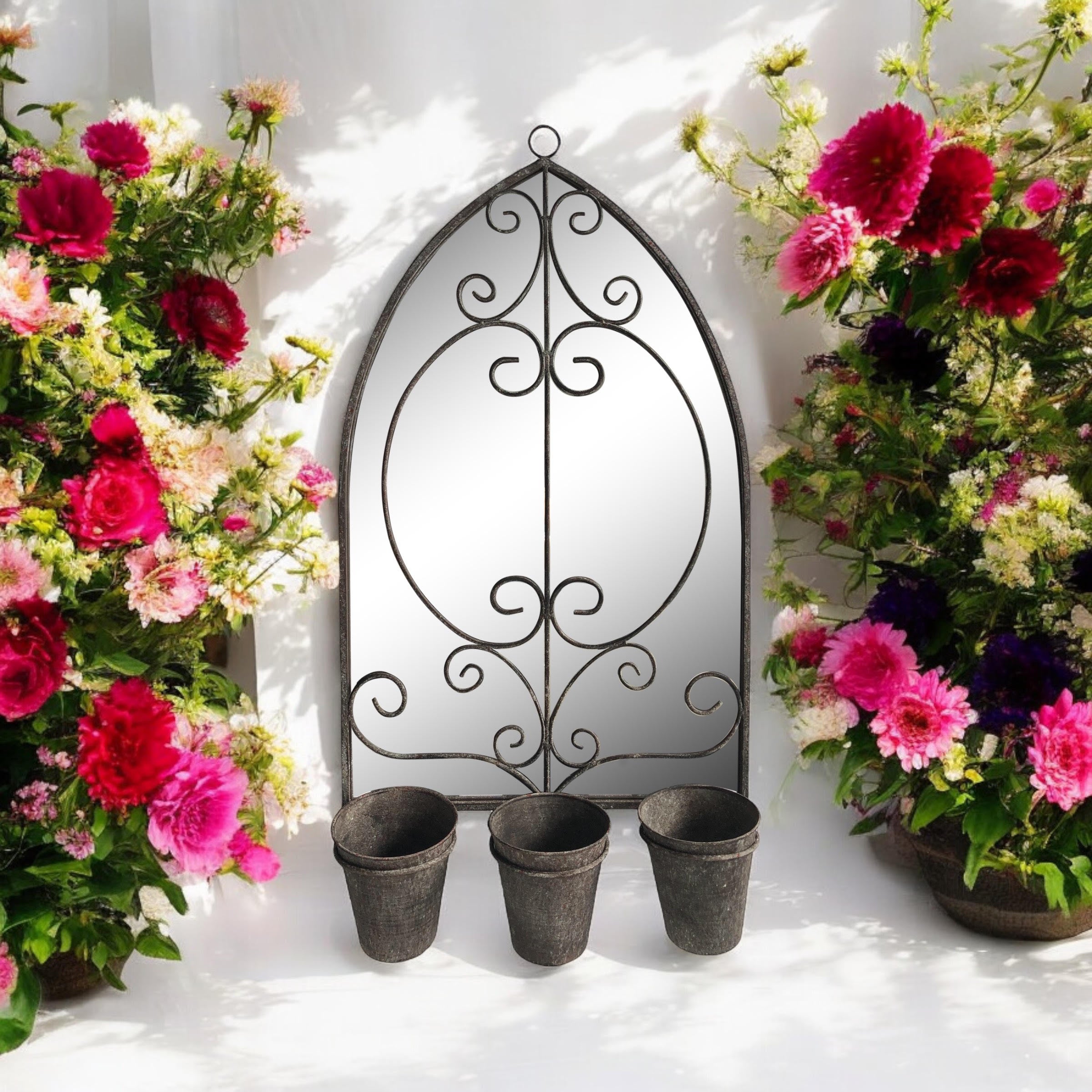 73cm Rusty Wall Mirror with Triple Planter Holders and Pots
