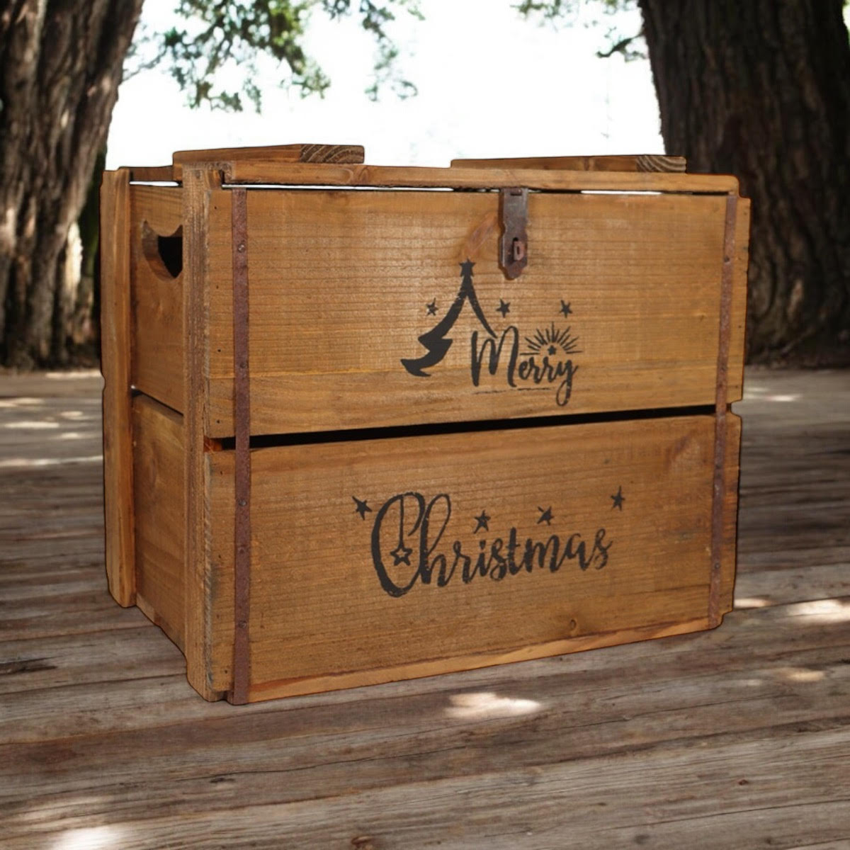 MSL 42CM Wooden Merry Christmas Box with Lift-Up Lid, Hand Finished