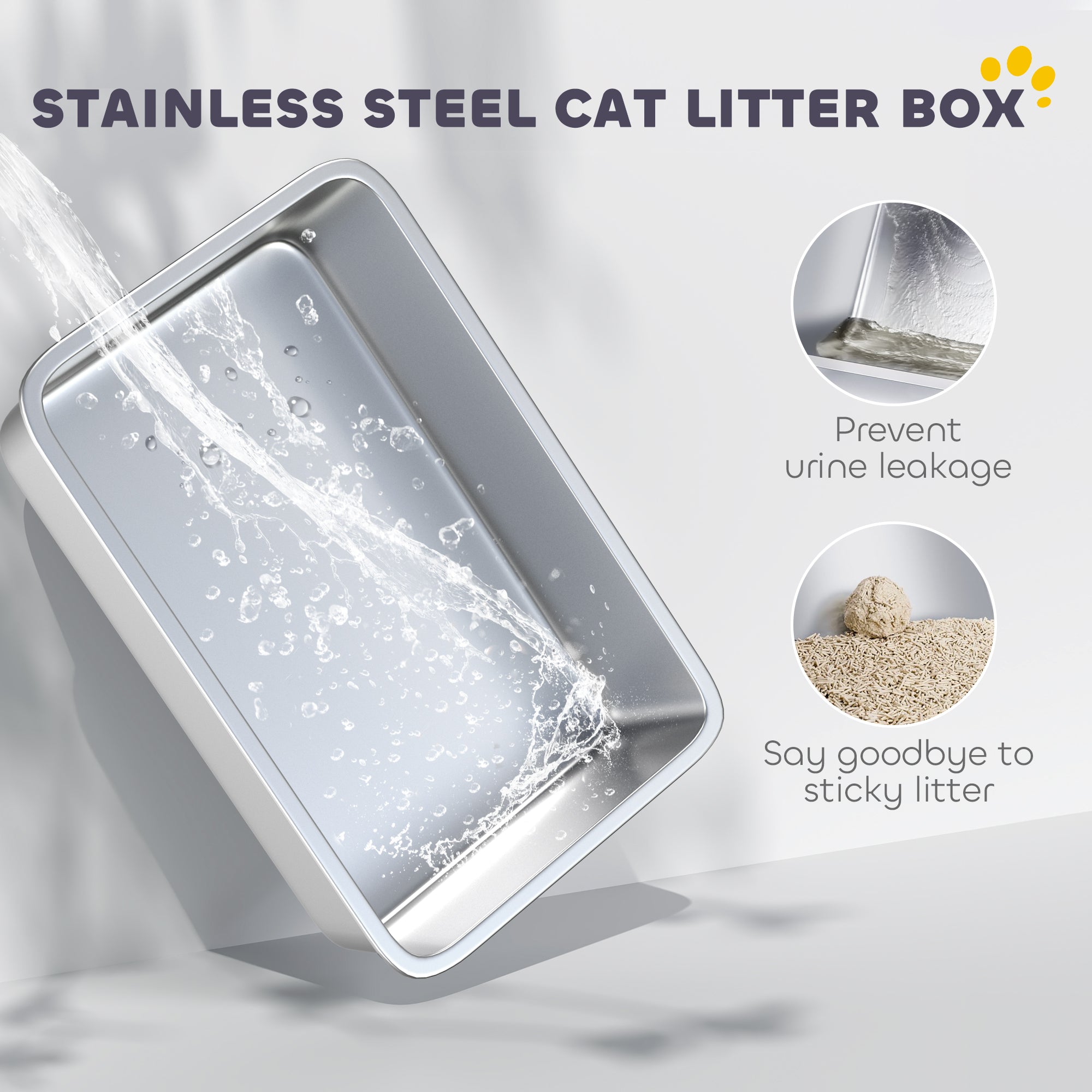 PawHut Stainless Steel Enclosed Cat Litter Box with Lid & Scoop, White