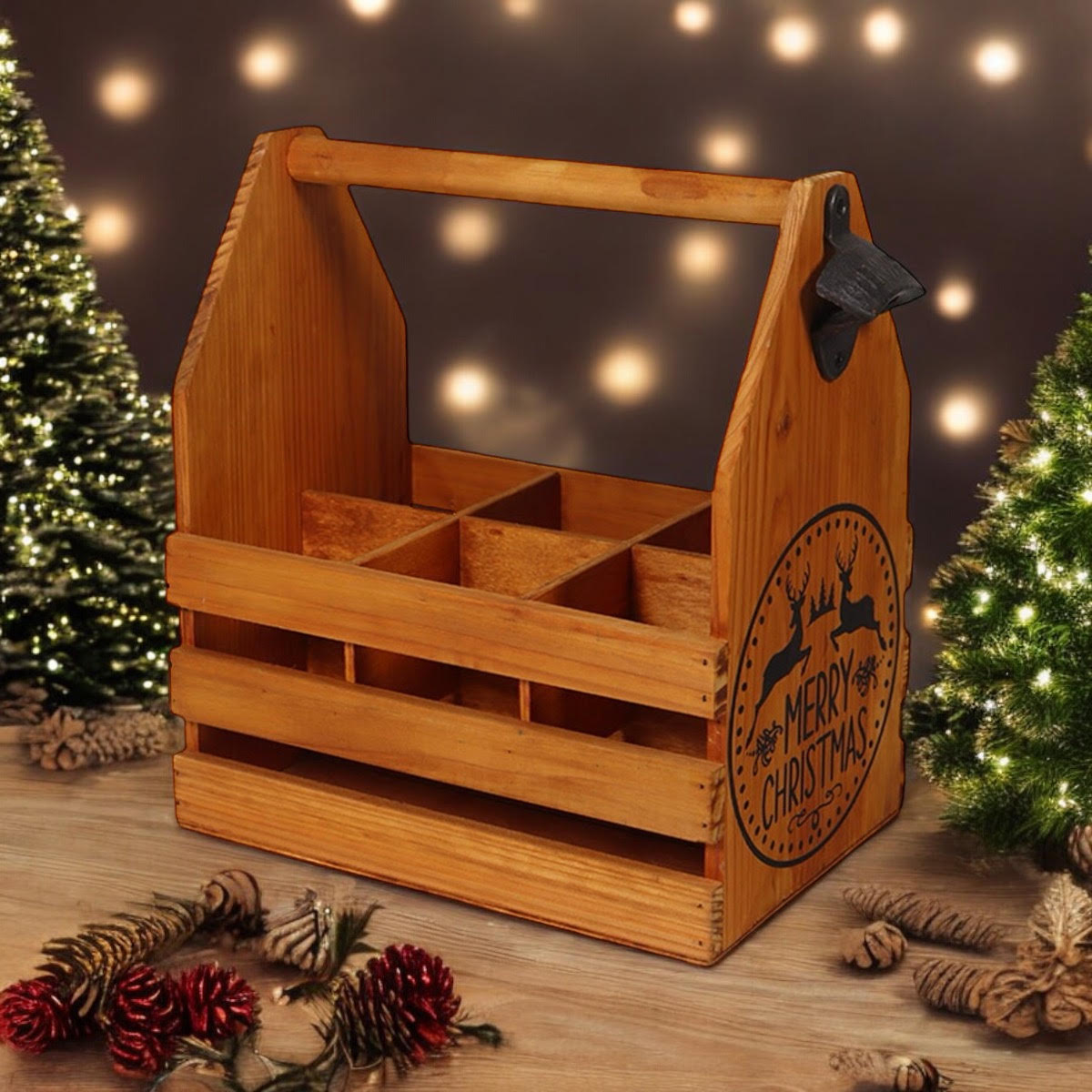 Rustic Hand-Finished Wooden 6 Bottle Holder with Metal Opener
